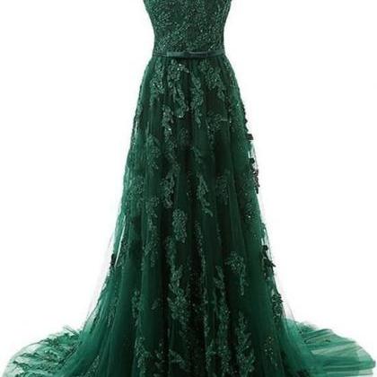 A-line One-shoulder Sweep Train Dark Green Tulle..