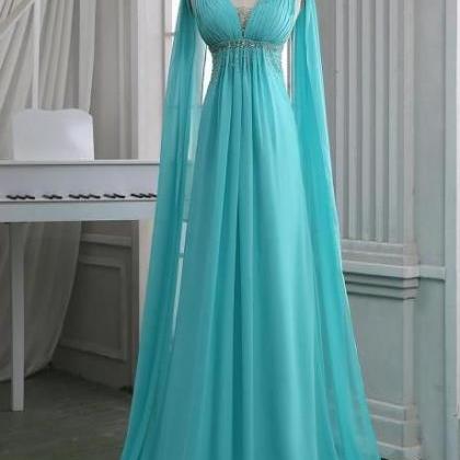Sequins Ruched V Neck Empire Prom Dress, Turquoise..