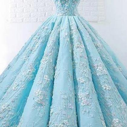 Elegant Blue Off Shoulder Lace Applique Prom..