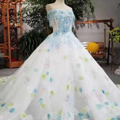 Floral Boat Neck Wedding Dresses Lace Up With..