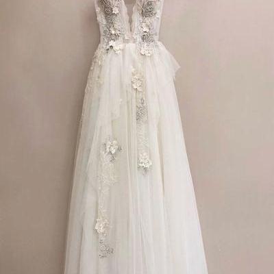 White Tulle V Neck Lace Applique Long Senior Prom..