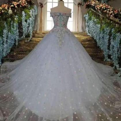 Floral Wedding Dresses Lace Up Off The Shoulder..