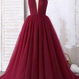 Burgundy Halter Plunging Tulle Ball Gown Prom..