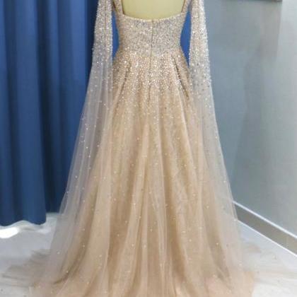 Champagne Tulle Open Back Long Sleeve Sequins..