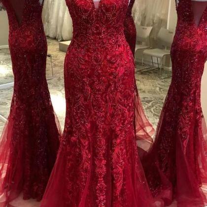 Gorgeous Red Tulle Beaded Long Prom Formal..