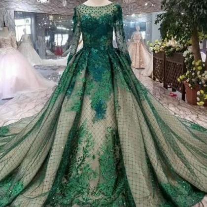Green Ball Gown Tulle Sequins Bateau Long Sleeve..