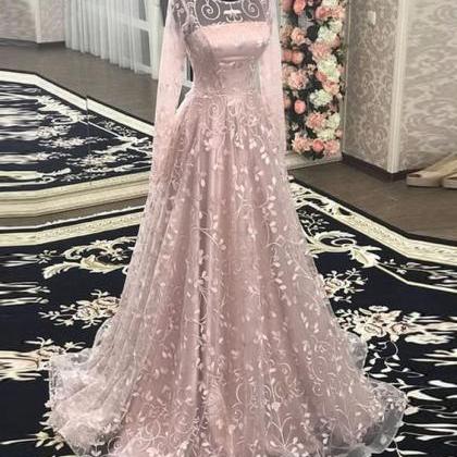 Pink Floral Lace Long A Line Formal Prom Dresses With Full Sleeves ...