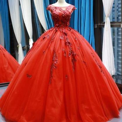 Red Ball Gown Tulle Appliques Bateau Backless Cap..