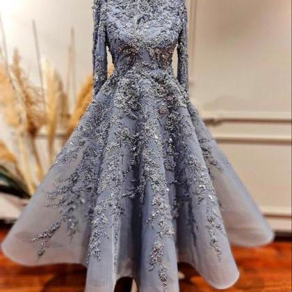 Blue Tulle Long Evening Dress With Lace Applique..