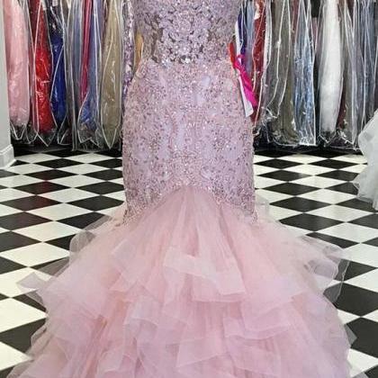 Trumpet V-neck Lace Bodice Beaded Pink Prom Dress..