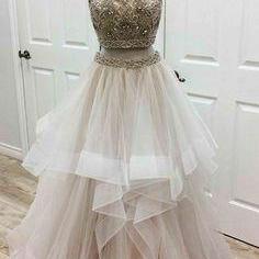 Unique Two Pieces Tulle Beads Long Prom Dress,..