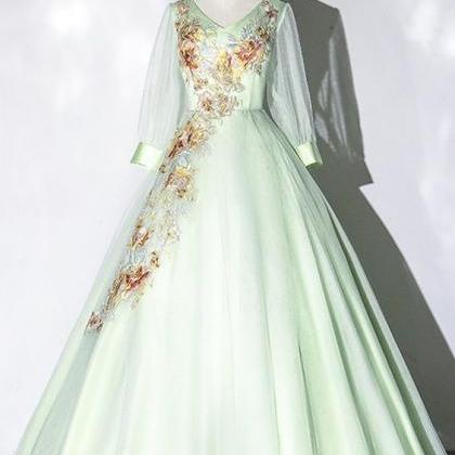 Apple Green Tulle V Neck Long Dress, Long A Line..