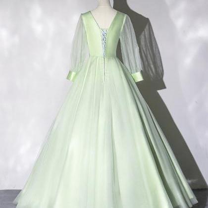 Apple Green Tulle V Neck Long Dress, Long A Line..