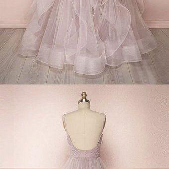 Simple Long Tulle Dress V Neck Layered Prom Dress..