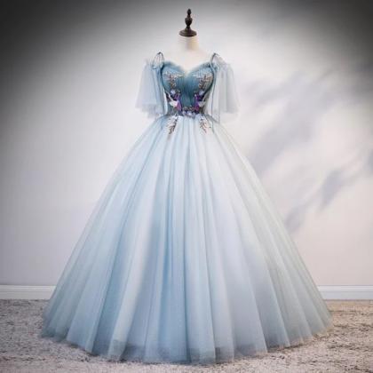 Light Blue Embroidery Vintage Ball Gown Long Dress..