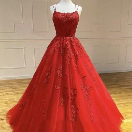 Red Lace Tulle Long Prom Dress, Red Evening Dress..
