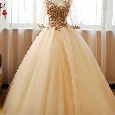 Prom Dresses Ball Gown V-neck, 3/4 Sleeve Sequins..