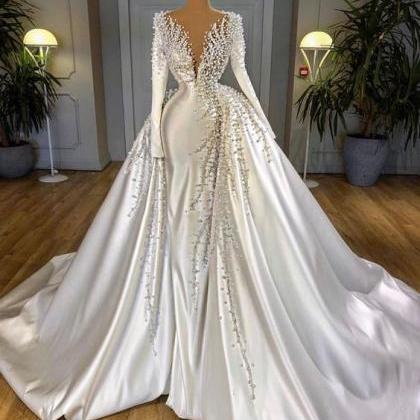 White Long Sleeve Bridal Gowns Beaded Crystal..