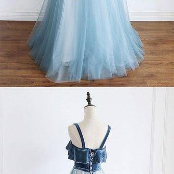 Blue Tulle Velvet Long A Line Senior Prom Dress,..