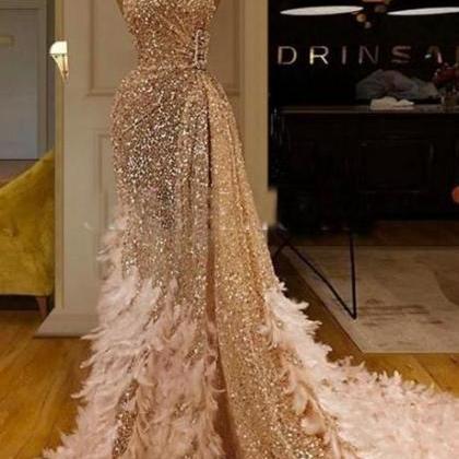 Gold Prom Dresses, Side Slit Prom Dresses, Sequins..