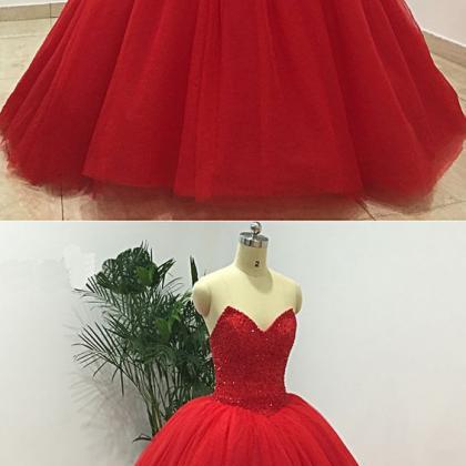 Red Tulle Sweetheart Neck Long Beaded Prom Dress,..