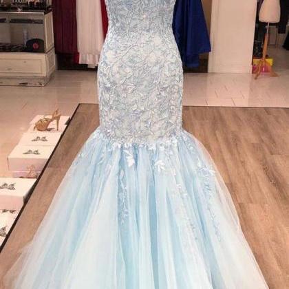 Sleeveless Prom Dresses Blue Lace Tulle Evening..
