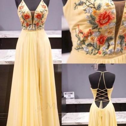 Elegant Yellow And Floral Embroidered Prom Dress..