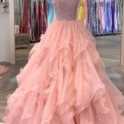 Pink One Shoulder Beads Long Prom Dress Pink..