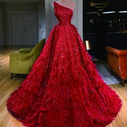 One Shoulder Ball Gown Prom Dresses Red Sparkly..