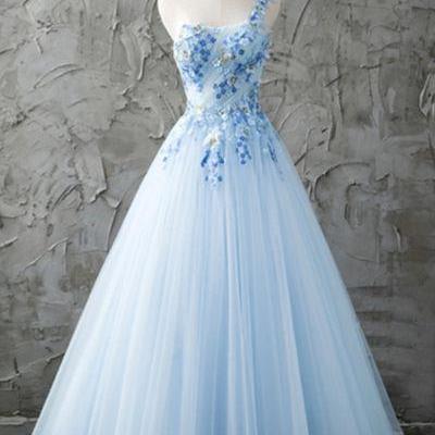 Fresh Blue Tulle One Shoulder A-line Long Prom..