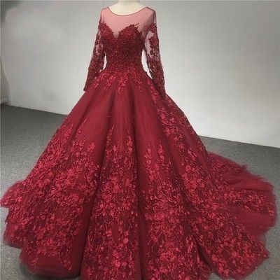 Luxury Lace Wedding Dress,long Sleeve Burgundy..