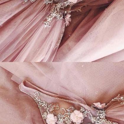 A-Line Square Neck Sweep Train Dress With Flower Candy Pink main image 1