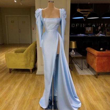 Blue Satin Long Side Slit Prom Dress, Blue Evening..