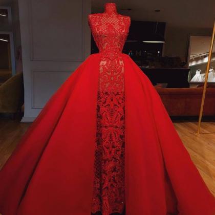 Red Prom Dress, High Neck Prom Dress, Lace Prom..