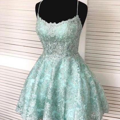 Straps Mint Green Short Lace Homecoming Dress,lace..