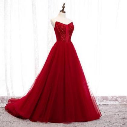 Red Tulle A-line Long Evening Prom Dresses, Sweet..