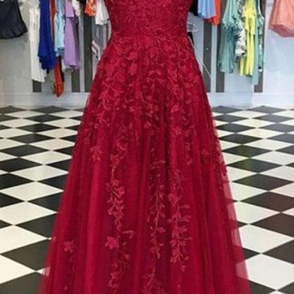 Red Prom Dress With Appliques Sleeveless Long Prom..