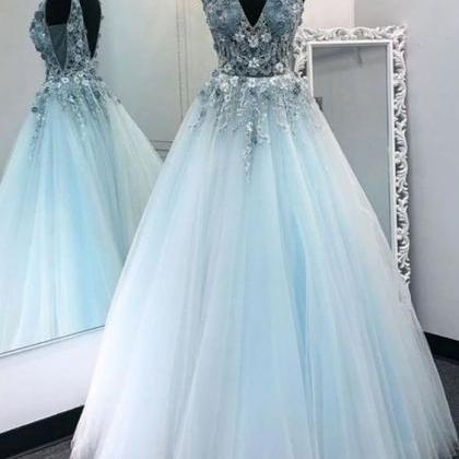V Neck Appliques Blue Lace Long Prom Dress, Floral..