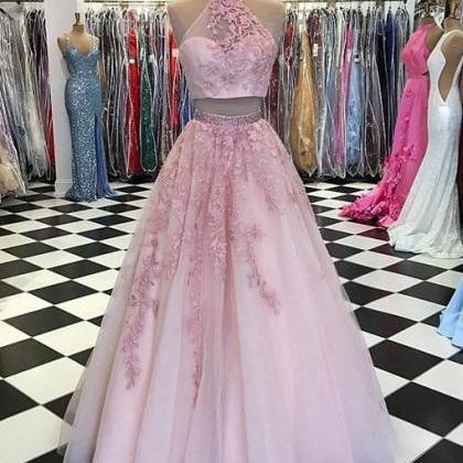 Pink Two Pieces Lace Tulle Long Prom Dress, Pink..