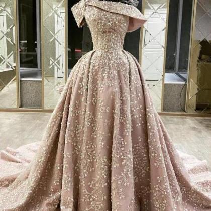 Pink Lace Long Ball Gown Dress Lace Evening Dress..
