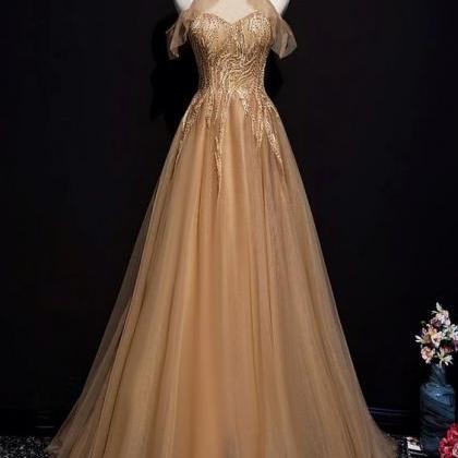 Charming Champagne Tulle Halter Long Party Gown,..