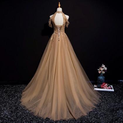 Charming Champagne Tulle Halter Long Party Gown,..