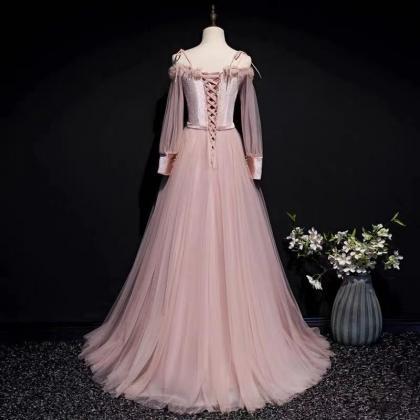 Pink Party Dress Long Sleeve Evening Dress Tulle..