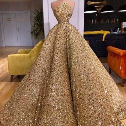 Classic A-line Gold Long Prom Dress Formal Dress..