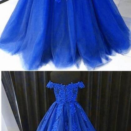 Elegant Royal Blue Lace Tulle A Line Prom Dress..
