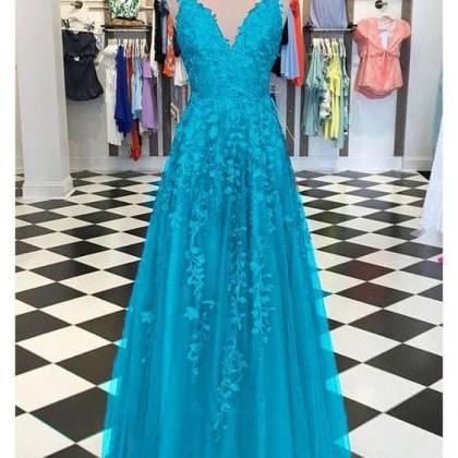 Turquoise Fancy Girls Lace Appliques Prom Dresses..