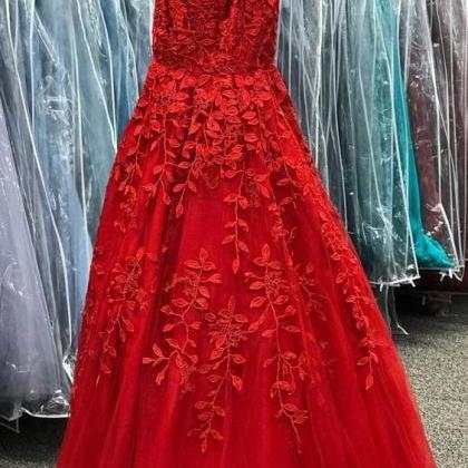 Red Prom Dresses Lace Appliques long gown,   cg18540