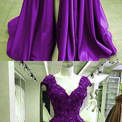 Purple Lace Flowers Beaded V Neck Cap Sleeves..