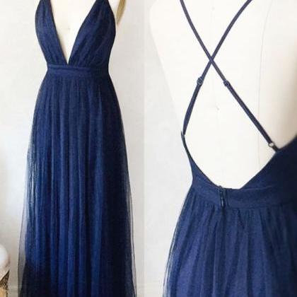 Simple Prom Dress, Navy Blue Prom Dress, Long Prom..