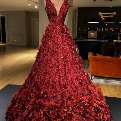 V Neck Prom Dresses, Feather Prom Dresses, Red..